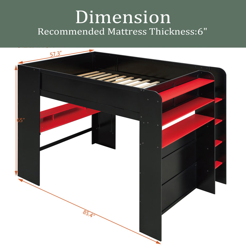 Full Size Wood Bunk Bed With Height-Adjustable Desk,Wardrobe,Ample Storage Space,And RGB Light, Red
