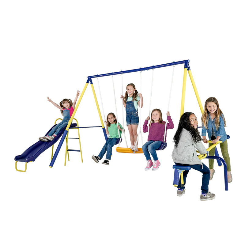 Yellow Metal Outdoor Swing Set with Slide and Teeter-Totter