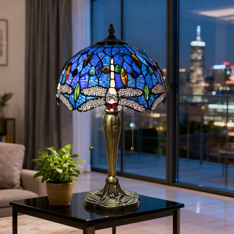 Lampe de table de style Tiffany avec abat-jour en verre coloré libellule bleue, lampe fabriquée à la main de 12 pouces pour la décoration de la chambre à coucher et du salon, ampoule incluse