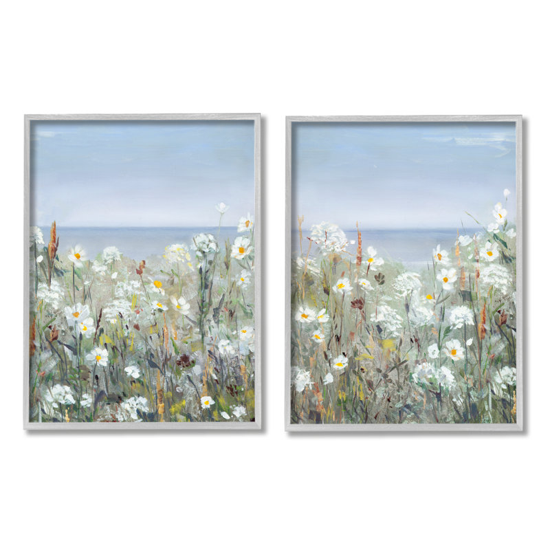 «Beachside Wild Flowers Blooming Distant Ocean Scene» par Sally Swatland - ensemble de 2 peintures sur toile flottantes