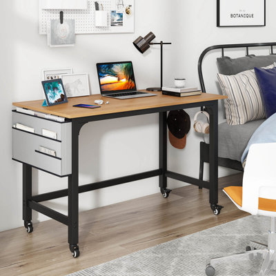 2 Pcs Rolling Computer Desk Metal Frame Pc Laptop Table Wood Top Study Workstation