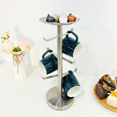 Coffee Mug Tree, Coffee Cup Holder For 6 Cups, With Tray For Phone, Tissues Or Coffee Capsule