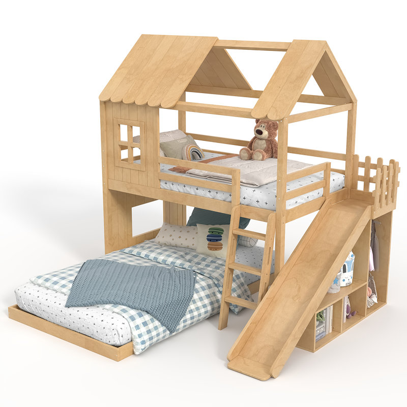 House-Style Wooden Bunk Bed with Slide, Storage Shelves & Wardrobe, Natural