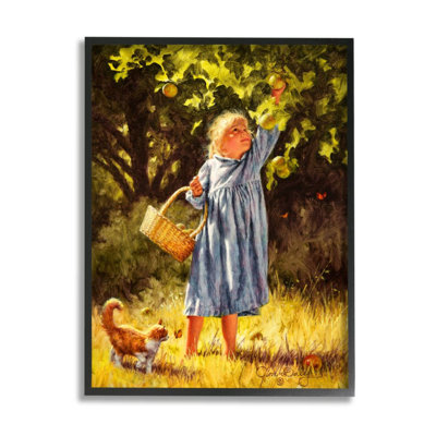 " Country Girl Reaching for Apple with Cat " Painting
