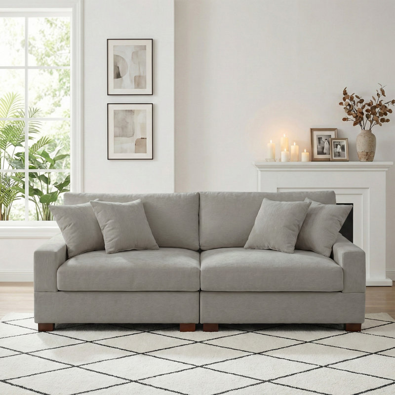 2 - Piece Upholstered Gray Chenille Modular Sectional Sofa with Armrests & Throw Pillows, Gray