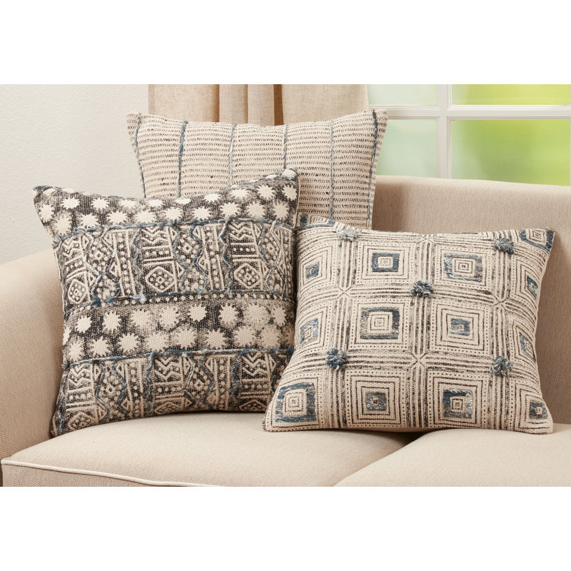 Blue Stripe Embroidered Cotton Square Throw Pillow