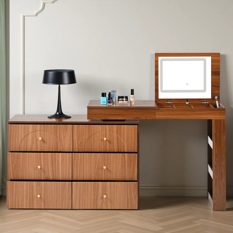 Bureau de coiffeuse à maquillage extensible avec miroir lumineux à DEL et plateau de table rabattable, Noyer