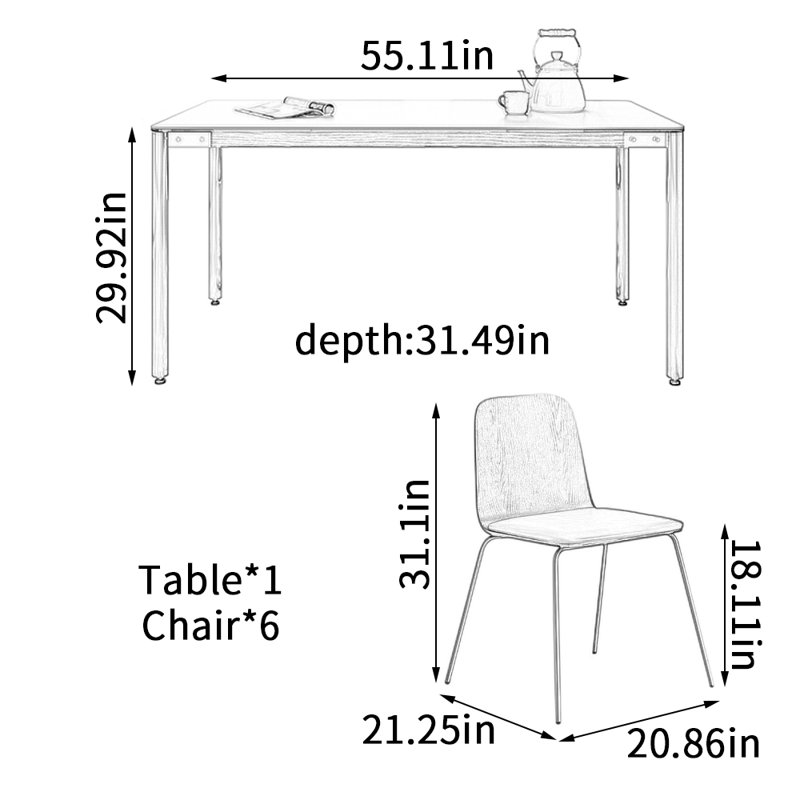 Table de salle à manger Modern, H 29,92 po x L 55,11 po x l 31,49 po
