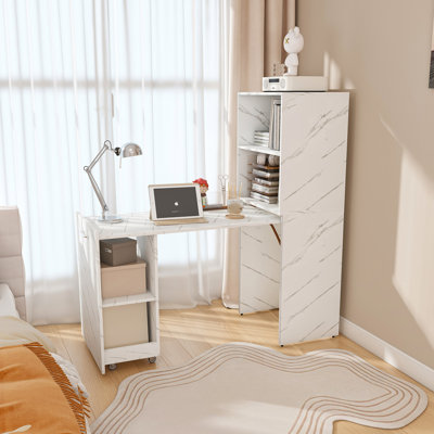 Bureau extensible 3-en-1 avec rangement, roulettes et plateau en marbre blanc pour petits espaces