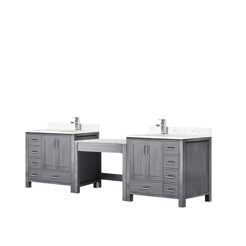 Meuble-lavabo double gris délavé 102 po Large avec comptoir en marbre, robinet, conception à fermeture en douceur, deux armoires de rangement, dix tiroirs, surface à griffes, robinets en acier inoxydable x P 22 po