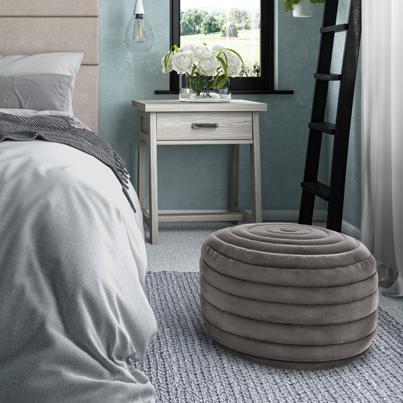 Vivienne 20"W Round Handcrafted Pouf, Gray Velvet