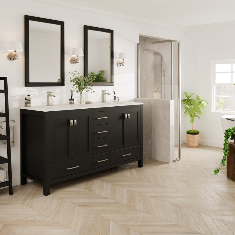 Meuble-lavabo double l 60 po x P 18 po Eviva London avec comptoir en quartz de Carrare blanc, Espresso