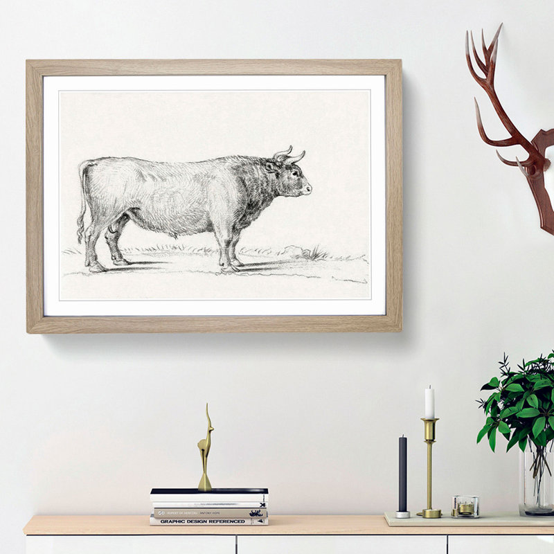 Standing Bull by Jean Bernard - Picture Frame Drawing Print, 36cm H x 48cm W x 2cm D, Oak Framed