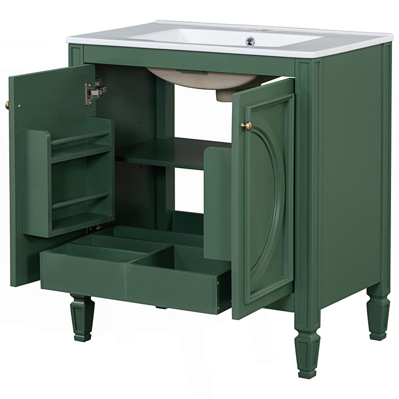 Meuble-lavabo de style rétro avec lavabo, deux portes avec tablette, Vert