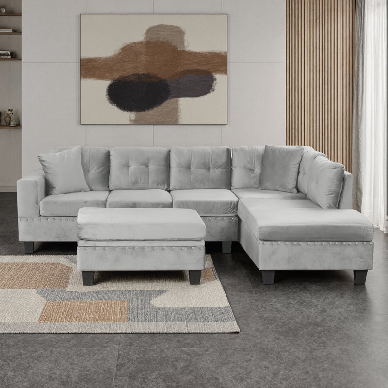 Canapé modulaire moderne en velours de 105 po avec repose-pieds et méridienne réversible, noir, Gris