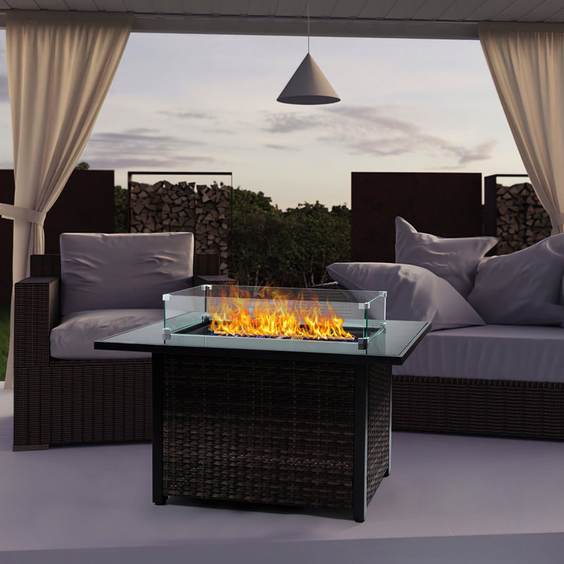 50,000 Propane Gas Fire Table, Outdoor Fireplace With Lid And Glass Wind Guard, Base For Garden Patio Backyard, Stylish Design Modern Pit , Guard Elegant Look