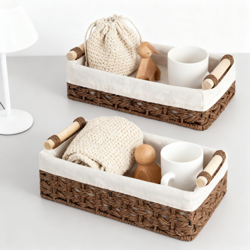 Woven Storage Baskets With Removable Natural Fiber Liner, Handwoven Organizing Baskets For Bathroom Countertop, Toilet Tank, Living Room, Desk, And Tabletop, Set Of 2