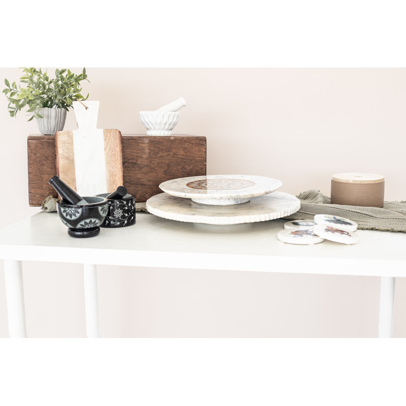 Plateau tournant en marbre blanc avec motif mandala doré, 12 po