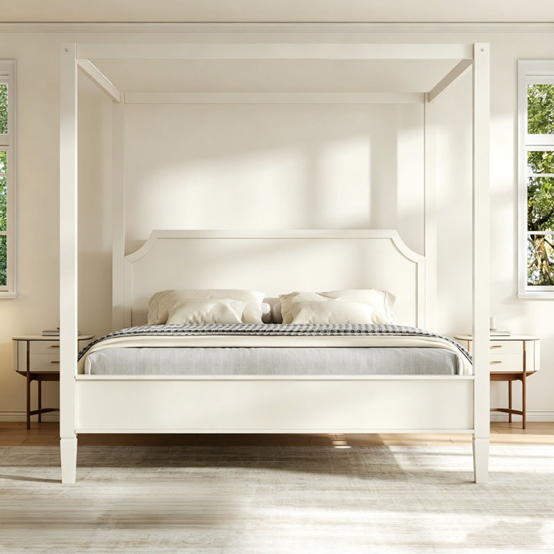 Lit plateforme à baldaquin en bois avec tête de lit et pieds de support, Très grand lit, Blanc crémeux