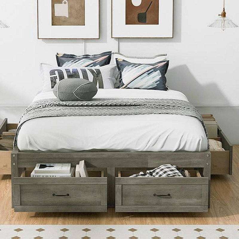Lit plateforme double avec 6 tiroirs de rangement, Gris antique