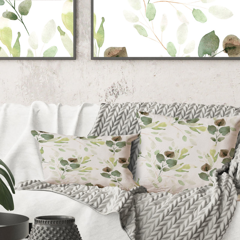 Coussin décoratif à motif de feuilles vertes sur fond blanc, 16 po x 16 po