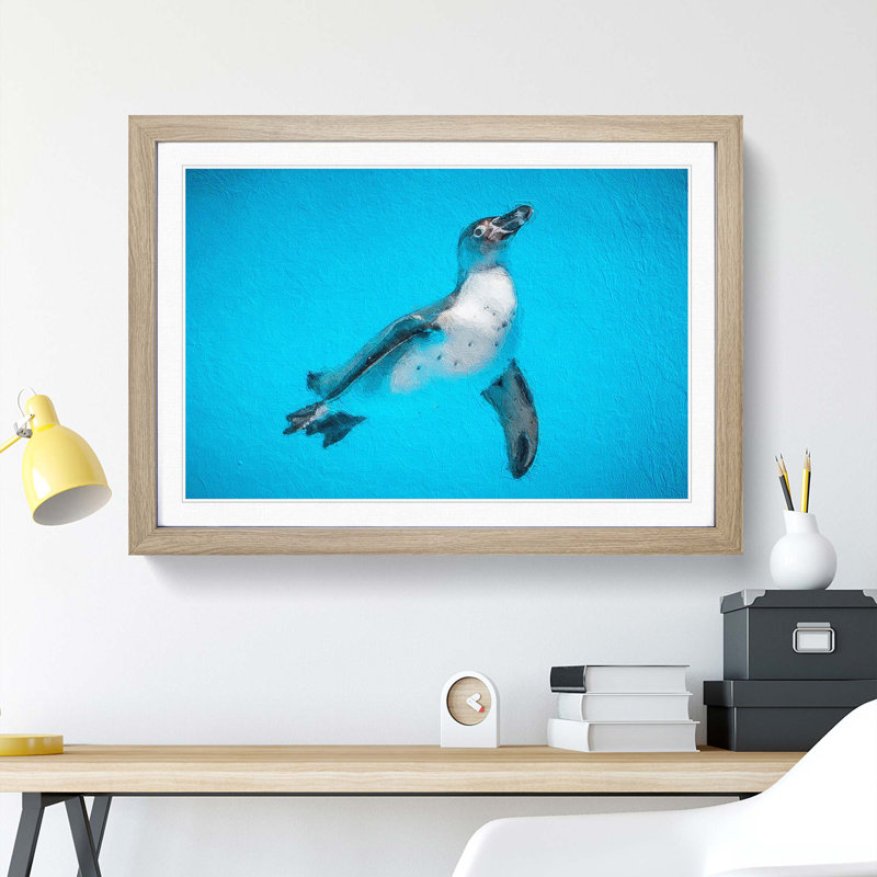 Swimming Penguin - Picture Frame Painting Print, 27cm H x 36cm W x 2cm D, Oak Framed