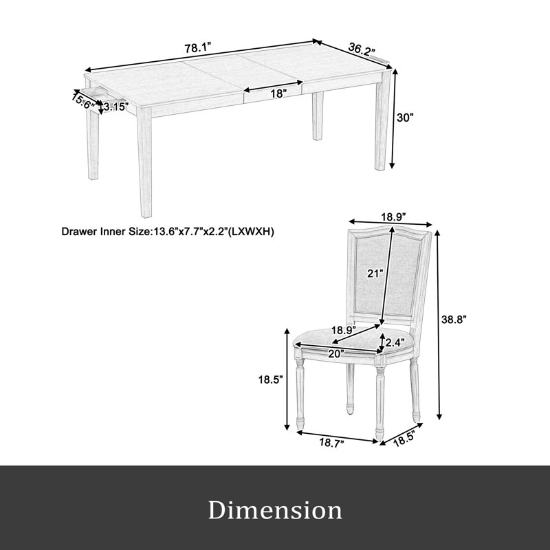 Ensemble de table de salle à manger extensible 78,1 pouces Rustic 7 pièces avec rallonge amovible de 18 pouces, 6 chaises de salle à manger rembourrées, 2 tiroirs intégrés