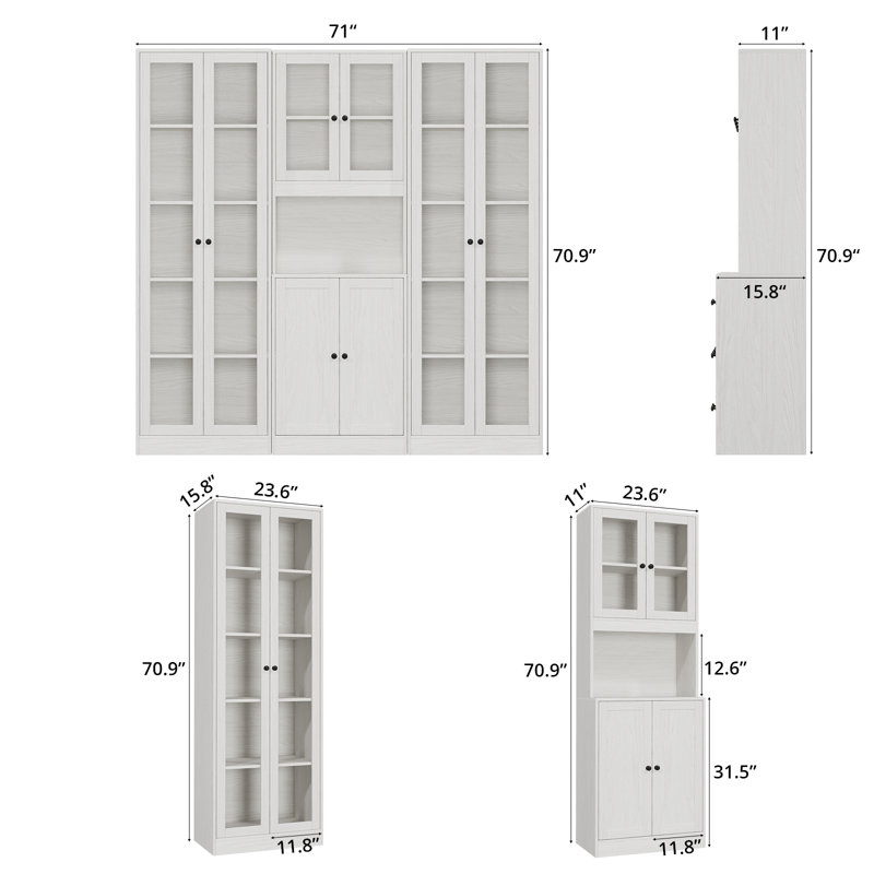 Book Cabinet Storage Bookcase, 5-Tier Modern Bookshelves With 3 Large Drawer And Glass Door(B+2C), White