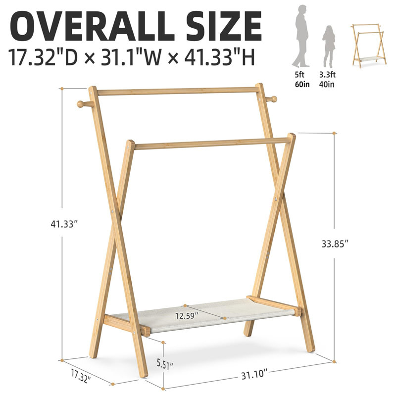 Mito 31.1''W Foldable Kids Clothes Rack with Double Rods & Storage Shelf, Natural
