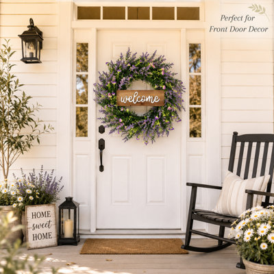 Couronne florale de printemps artificielle de 20 pouces avec panneau de bienvenue en bois, couronne de porte d'entrée de ferme pour décoration murale de porche intérieur et extérieur couvert