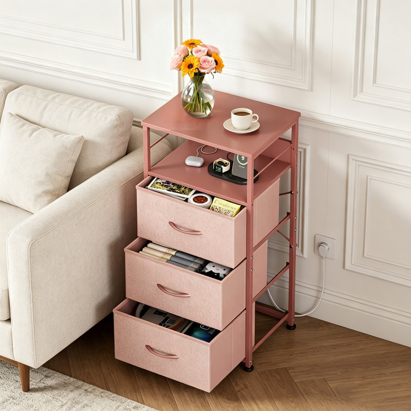 Table de chevet avec station de charge, table de chevet de 31,9 po de hauteur avec 3 tiroirs en tissu, table de chevet à DEL avec ports et prises USB, table de bout pour dortoir, chambre à coucher, vestibule