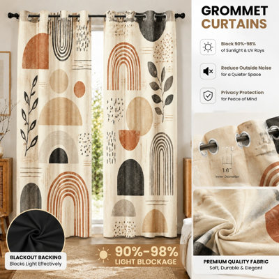 Lot de 2 rideaux occultants bohèmes à motifs arc-en-ciel abstraits, courbes et feuilles botaniques, style géométrique moderne du milieu du siècle, parfaits pour la décoration du salon et de la chambre à coucher.