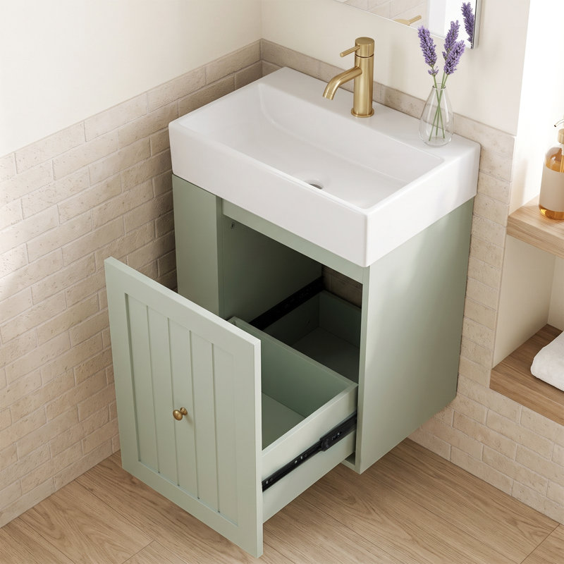 Meuble-lavabo mural de 50 cm (20 po) avec lavabo intégré en céramique blanche, armoire en MDF vert, 1 tiroir à glissières fluides, rangement à 2 niveaux réglables et à ouverture latérale, poignée dorée, robinetterie non incluse, installation monotrou, vert
