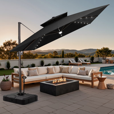 128'' Square Outdoor Cantilever Solar Led Lights Patio Umbrella with Easy-Move Base | One-Person Mobility