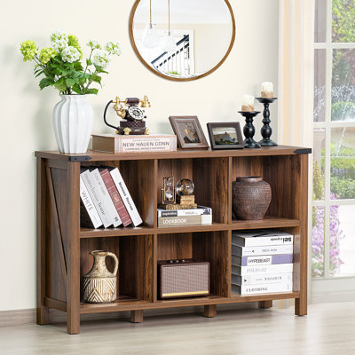 6 Cube Bookcase, Farmhouse Wood Low Storage Organizer Book Shelf, 47" Horizontal Navy Console Bookshelf With Legs, Hallway Book Case For Entryway, Display Cabinet For Living Room, Office