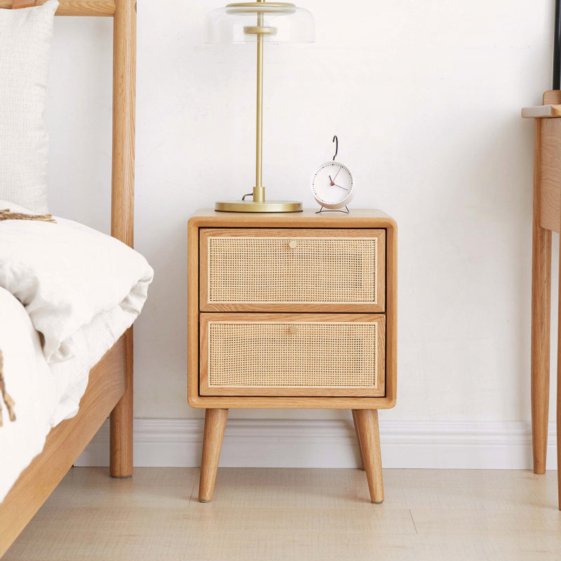 Pure Solid Oak Bedside Cabinet with Handmade Rattan Front