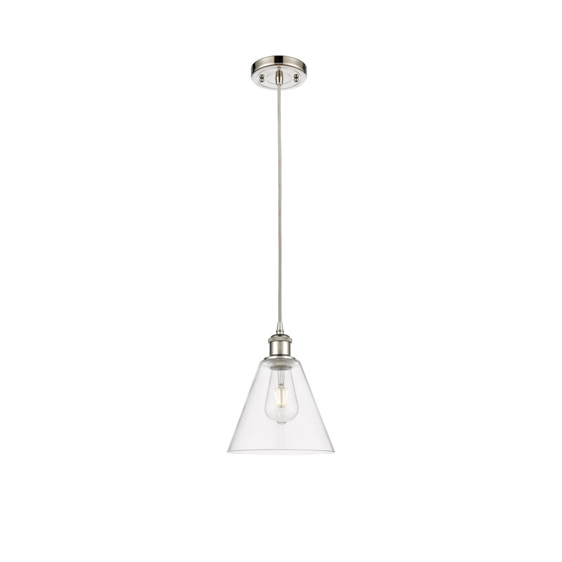 Luminaire suspendu conique à 1 lumière Halyn, H 11,75 po x l 8 po x P 8 po, Transparent, Nickel poli