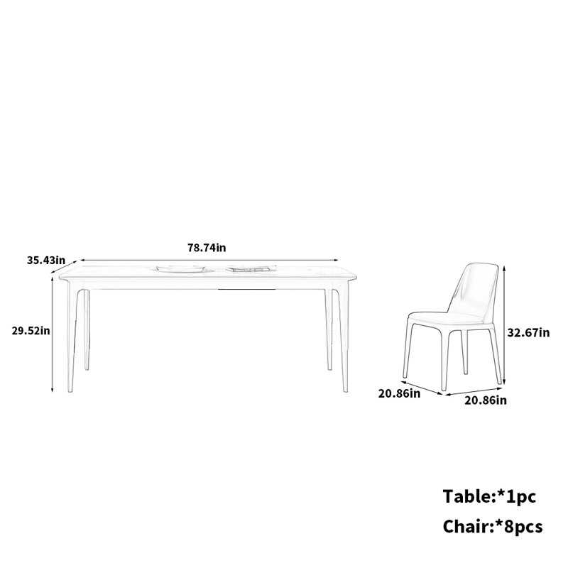 Ensemble de table et de chaises en bois de frêne unique, H 29,52 po x L 78,74 po x l 35,43 po