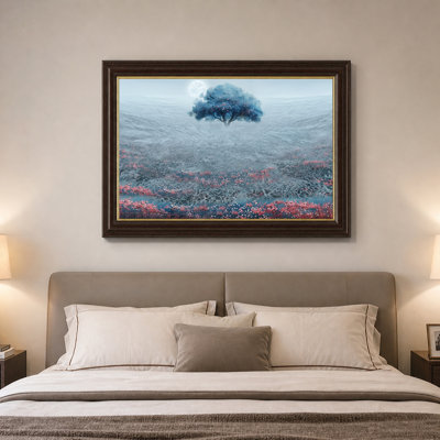 Arbre bleu et fleurs roses sur fond clair de lune, art mural sur toile