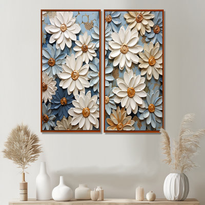 «Blue Blooms Zinnias Flowers» - art mural blanc