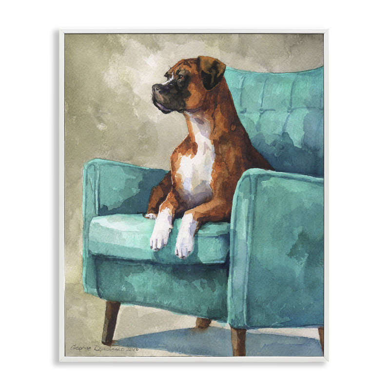 Boxer majestueux sur fauteuil Giclee, conception de George Dyachenko, Encadrement giclée blanc côtier, H 20 po x l 16 po