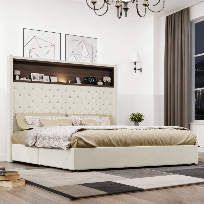 Lit tapissier avec tête de lit à oreilles capitonnée, tablette de rangement et port USB, Beige
