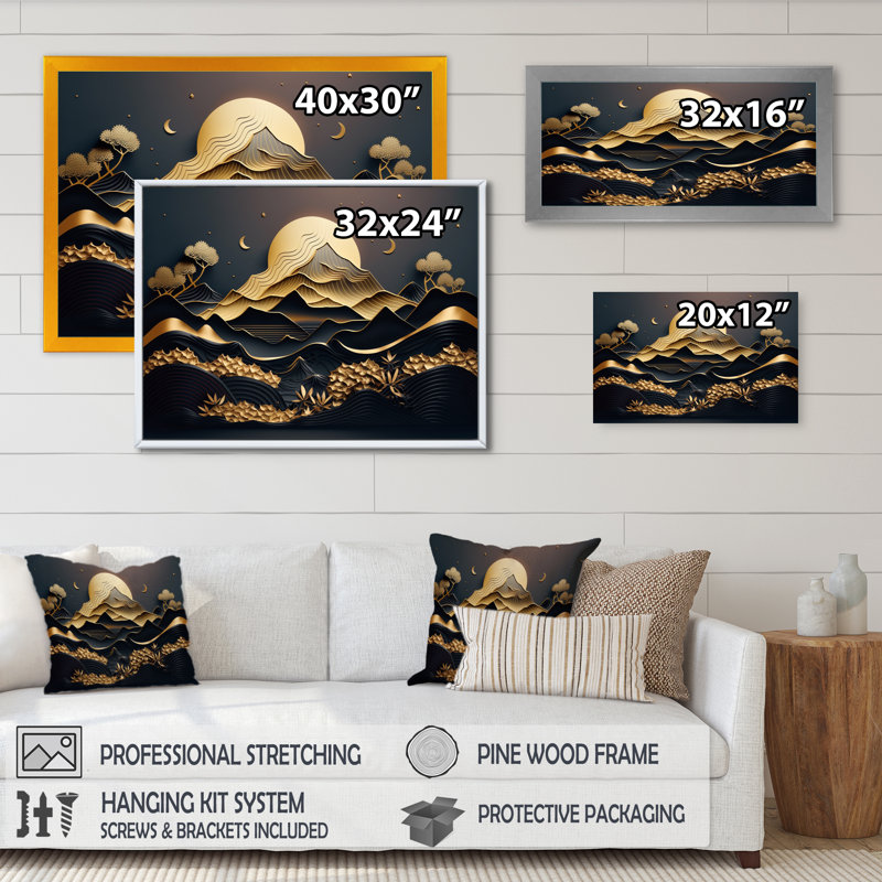 Dreamy Golden Mountain IV - Art mural encadré abstrait en marbre, Cadre flottant doré, H 30 po x l 40 po x P 1,5 po