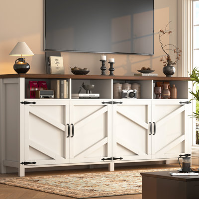 63" Buffet Sideboard With 4 Doors And Open Storage, Large Farmhouse Kitchen Storage Cabinet, Coffee Bar Cabinet With Adjustable Shelves For Dining Room, Entryway, Sideboard Cabinet, White And Walnut