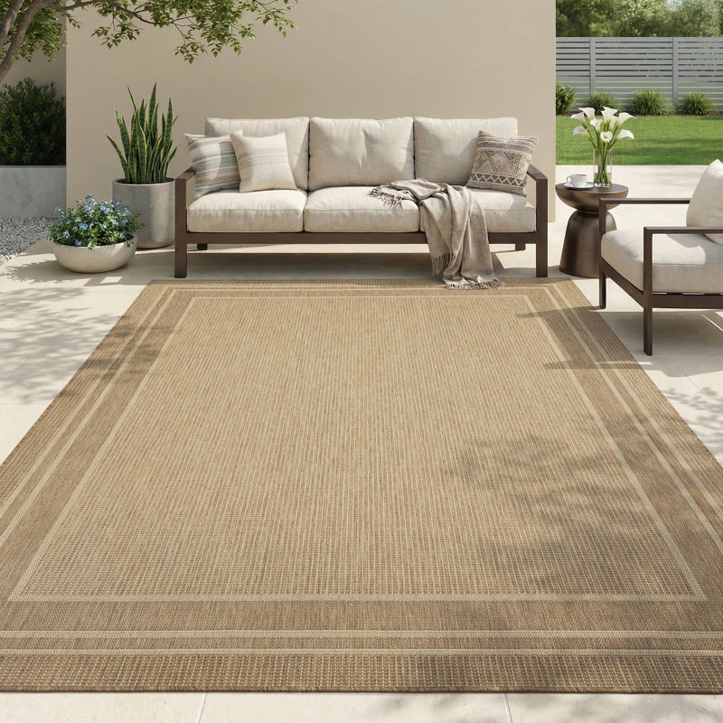 Geometric Bordered Indoor/Outdoor Area Rug In Warm Beige, UV-Resistant Easy-Clean Shed-Resistant Patio Rug For Deck, Porch & Dining Room