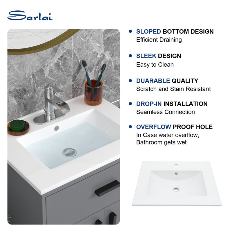 24'' White Ceramic Rectangular Single Vanity Top Sink