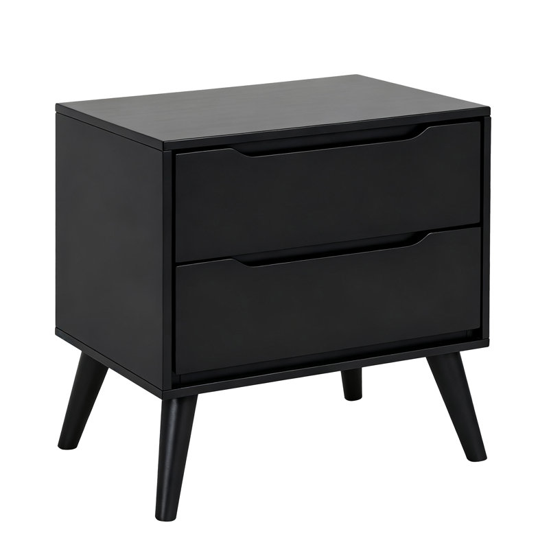 Modern Solid Wood Nightstand With 2 Drawers，Fully Assembled, Black