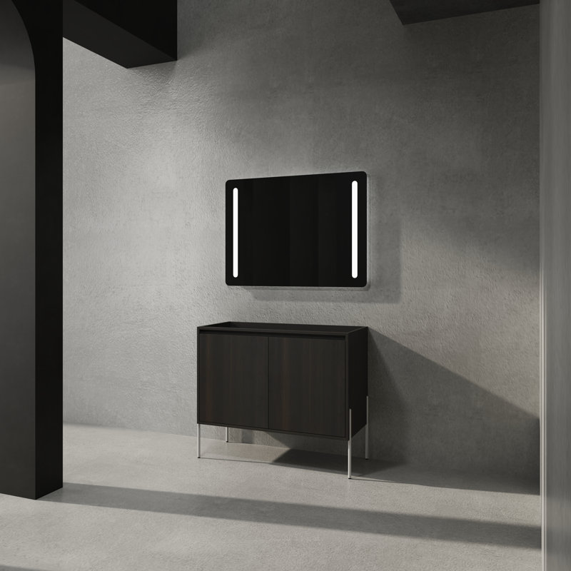 Armoire de salle de bain moderne 35 1/16 po en bois foncé avec pieds en métal et miroir à DEL - Meuble-lavabo à double porte à fermeture douce