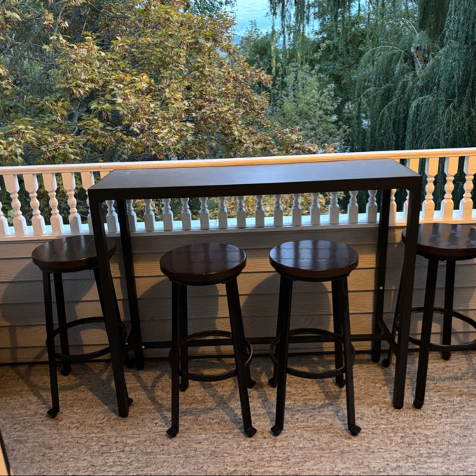 Outdoor Iron Bar Table With 3d-print Tempered Glass Tabletop, Sturdy and Comfortable Footrest, Powder-Coated Frame, for Patio, Black and Gray