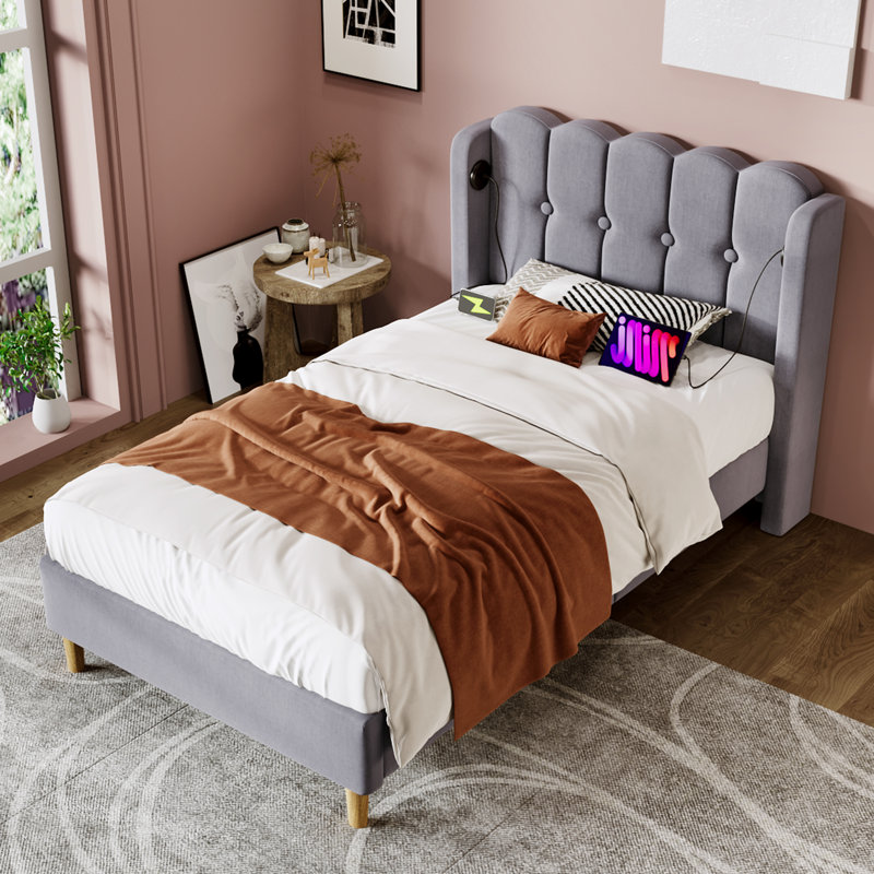 Velvet Grille-Panel Bed With Charging Station, Single (3'), Grey